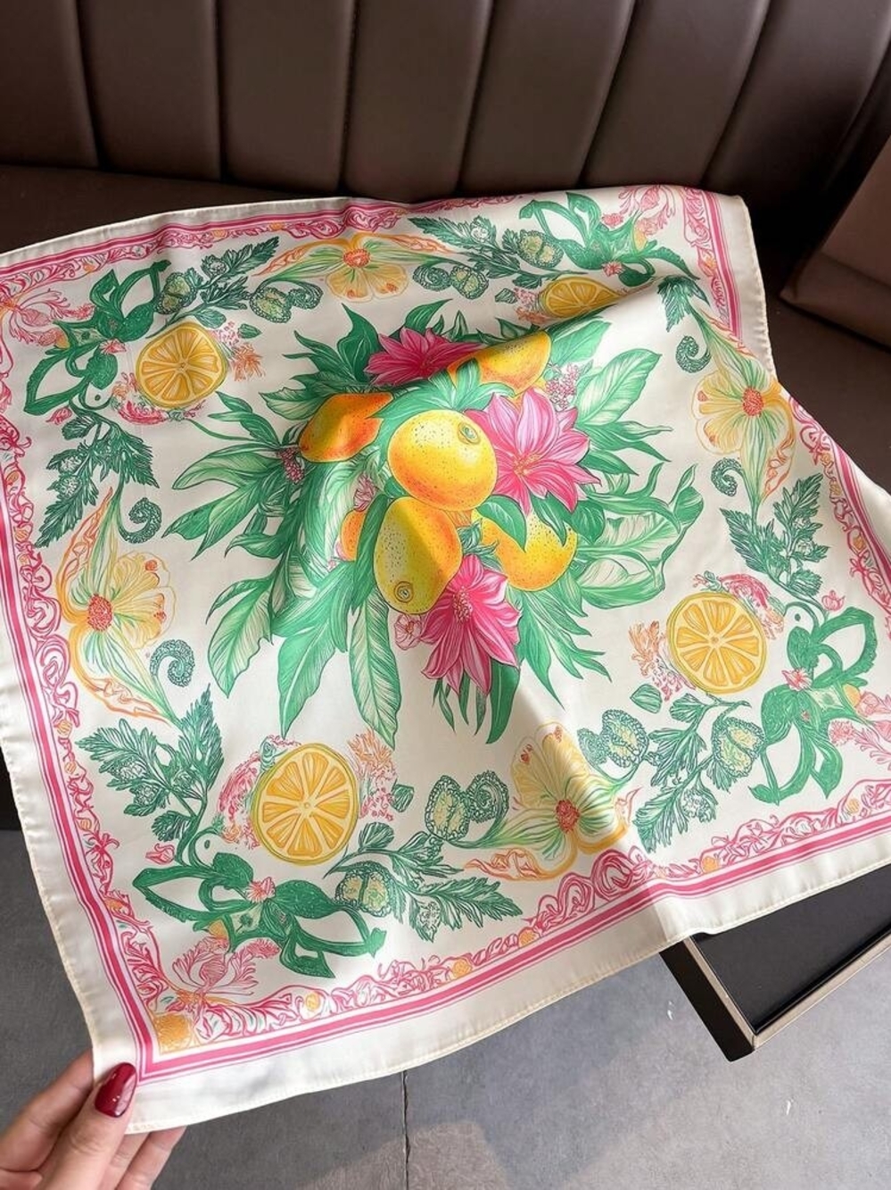 Silk-Feel Lemon Floral Scarf in Cream, Green & Pink